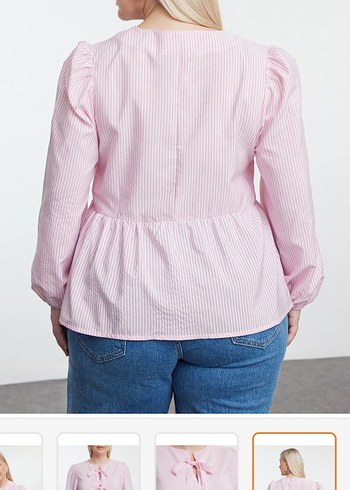 Pembe Çizgili Bağcıklı Uzun Kollu Kadın Gömlek - Görsel 4