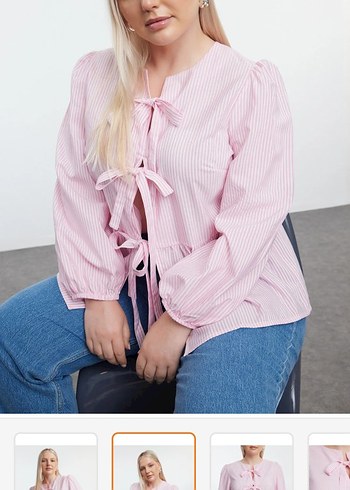 Pembe Çizgili Bağcıklı Uzun Kollu Kadın Gömlek - Görsel 2