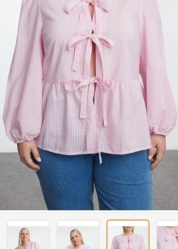 Pembe Çizgili Bağcıklı Uzun Kollu Kadın Gömlek - Görsel 3