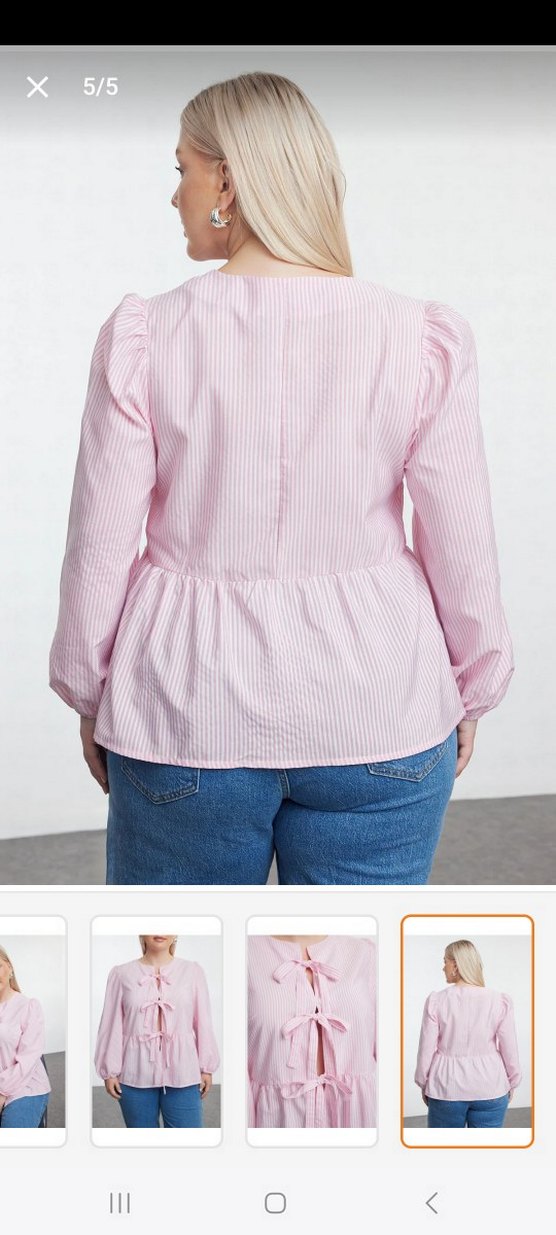 Pembe Çizgili Bağcıklı Uzun Kollu Kadın Gömlek - Görsel 4