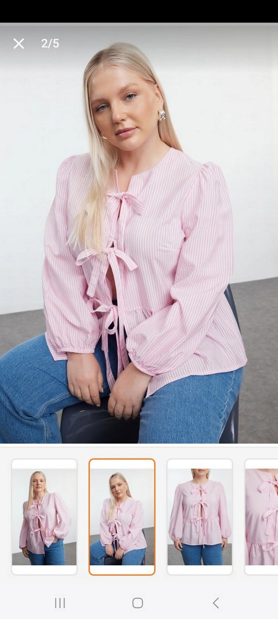 Pembe Çizgili Bağcıklı Uzun Kollu Kadın Gömlek - Görsel 2