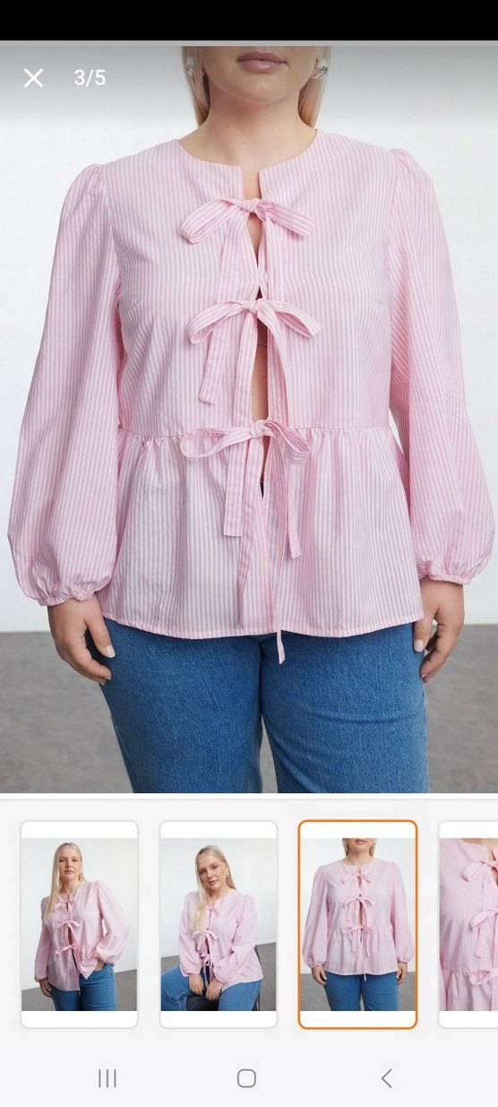 Pembe Çizgili Bağcıklı Uzun Kollu Kadın Gömlek - Görsel 3