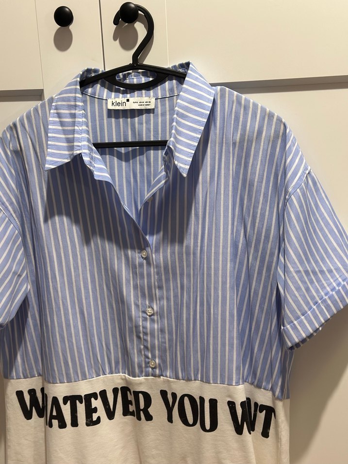 Beyaz Mavi Kısa Kollu Mini Elbise - Görsel 5