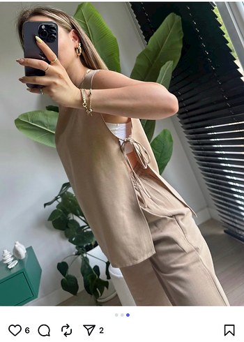 Bej Keten Kolsuz Mini Kadın Bluz Takım - Görsel 3