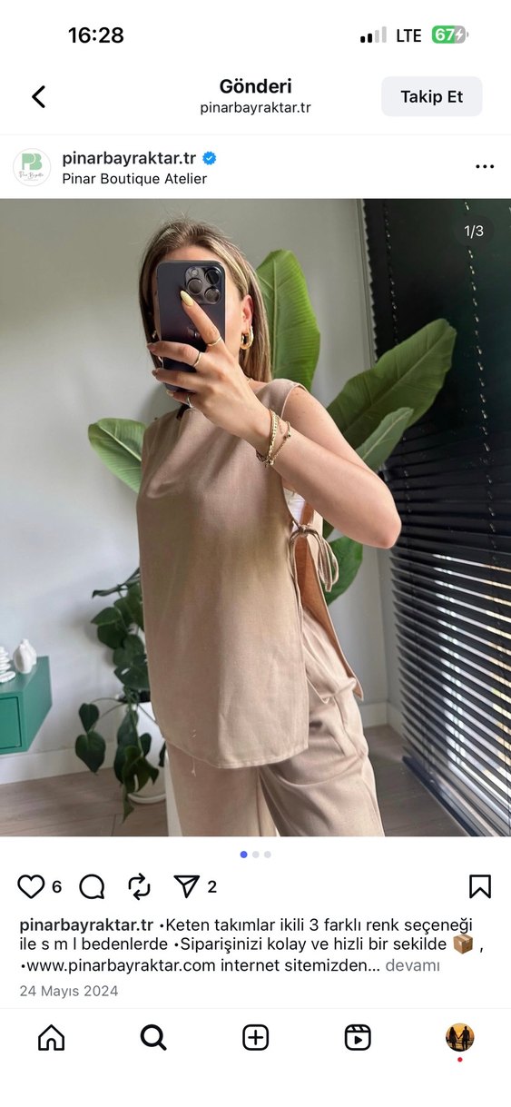 Bej Keten Kolsuz Mini Kadın Bluz Takım - Görsel 4