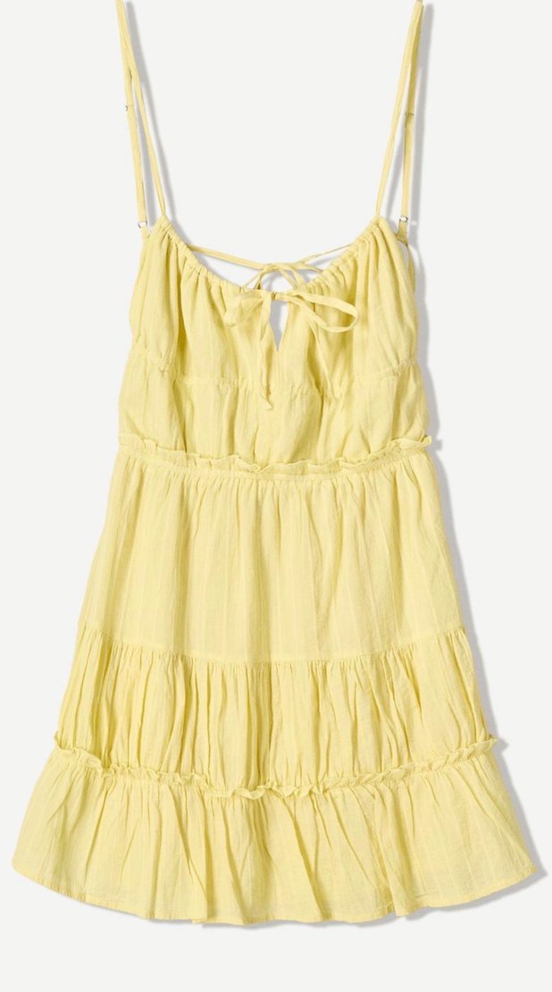 Sarı Straplez Fırfırlı Midi Elbise - Görsel 3