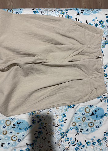 s Beden Düğmeli Bej Keten Rahat Pantolon