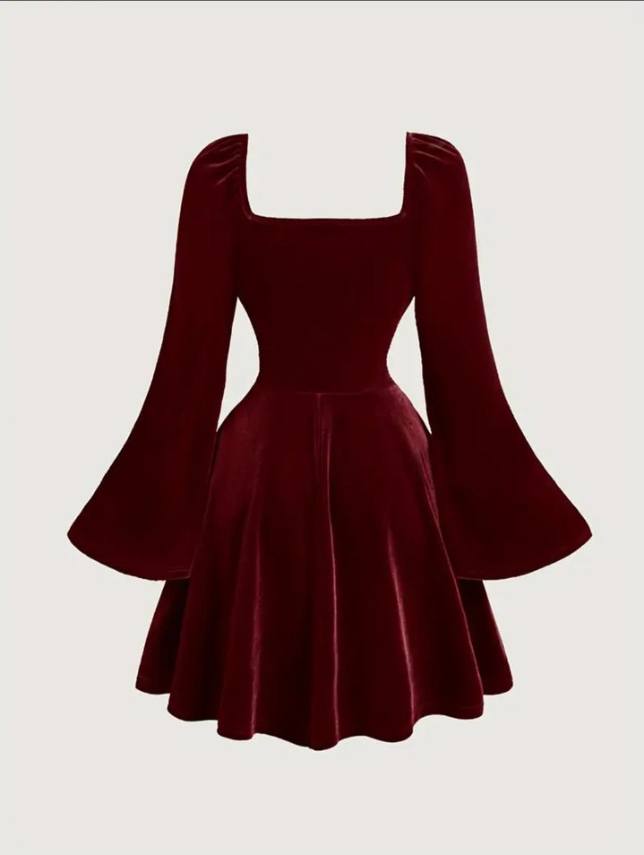 Bordo Süet V Yaka Uzun Kollu Elbise - Görsel 2