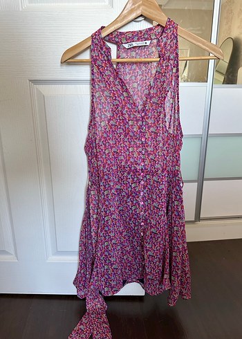 s Beden pembe Renk Zara markalı Çiçek Desenli Mini Halter Elbise