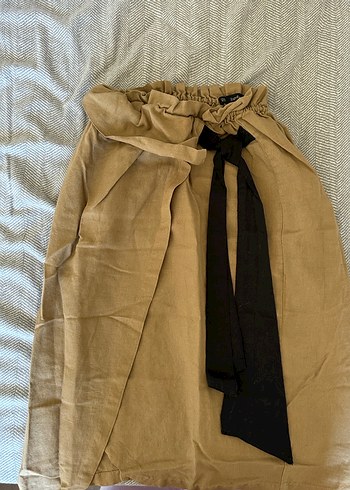 Zara Zara Koyu Bej Midi Keten Salaş Etek