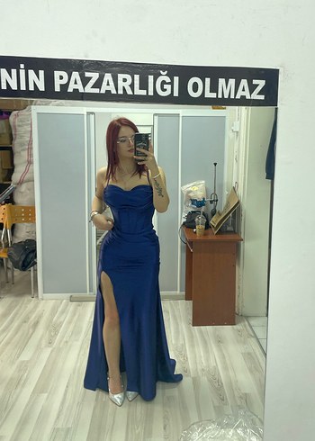 36 Beden Straplez Lacivert Uzun Abiye Elbise
