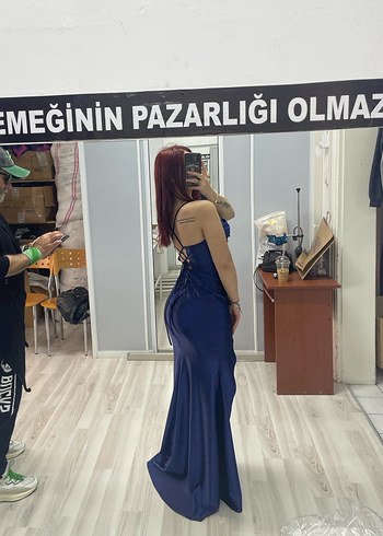 36 Beden lacivert Renk Straplez Lacivert Uzun Abiye Elbise