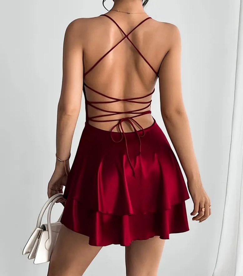 Bordo Parlak Mini Kadın Elbise - Görsel 3