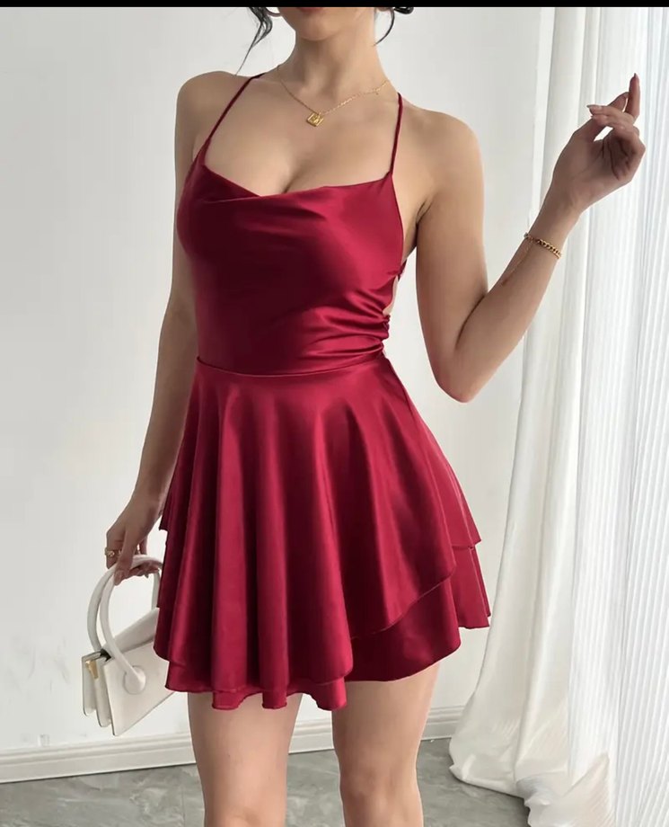 Bordo Parlak Mini Kadın Elbise - Görsel 2