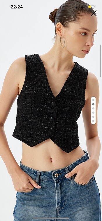 Tüvit Yelek Crop Kolsuz Düğmeli V Yaka Slim Fit