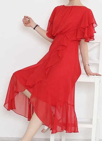 Bien Beli Lastikli Fırfırlı Elbise Kırmızı - 11033.1322. 