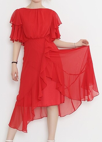 Diğer Bien Beli Lastikli Fırfırlı Elbise Kırmızı - 11033.1322. 