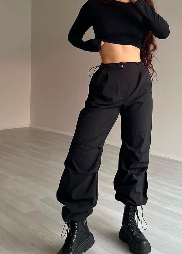 Siyah Rahat Kesim Kadın paraşüt Pantolon - Görsel 2