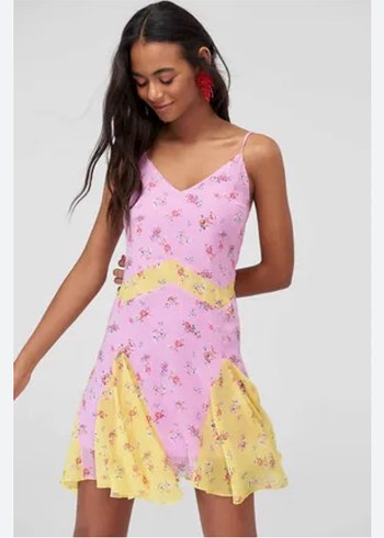 Pembe Sarı V Yaka Askılı Mini Elbise