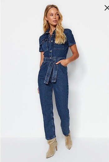 Mavi Kemerli Denim Tulum