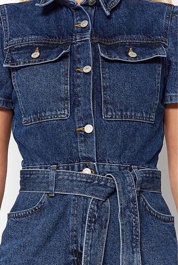 xs Beden Mavi Kemerli Denim Tulum