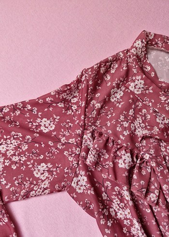 xl Beden bordo Renk Bordo Çiçekli Fırfırlı V Yakalı Bluz tül