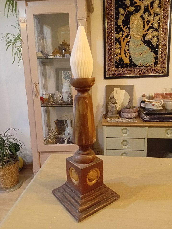 Bej Ahşap  Büyük Mumluk ve Beyaz Mum - Görsel 4