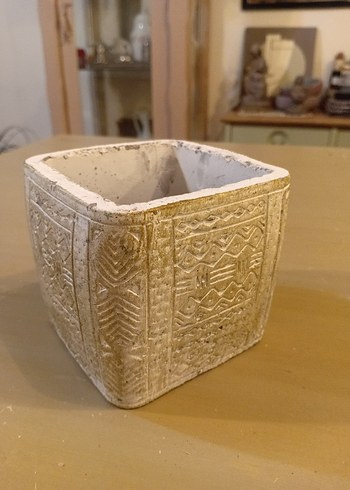 Desenli Beyaz Gri Seramik Saksı - Görsel 6