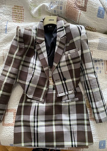 Kahverengi Ekose Mini Kadın Blazer Ceket