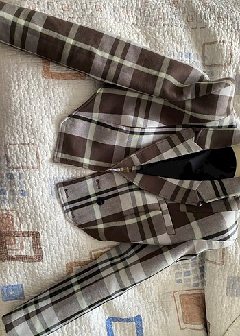 36 Beden Kahverengi Ekose Mini Kadın Blazer Ceket