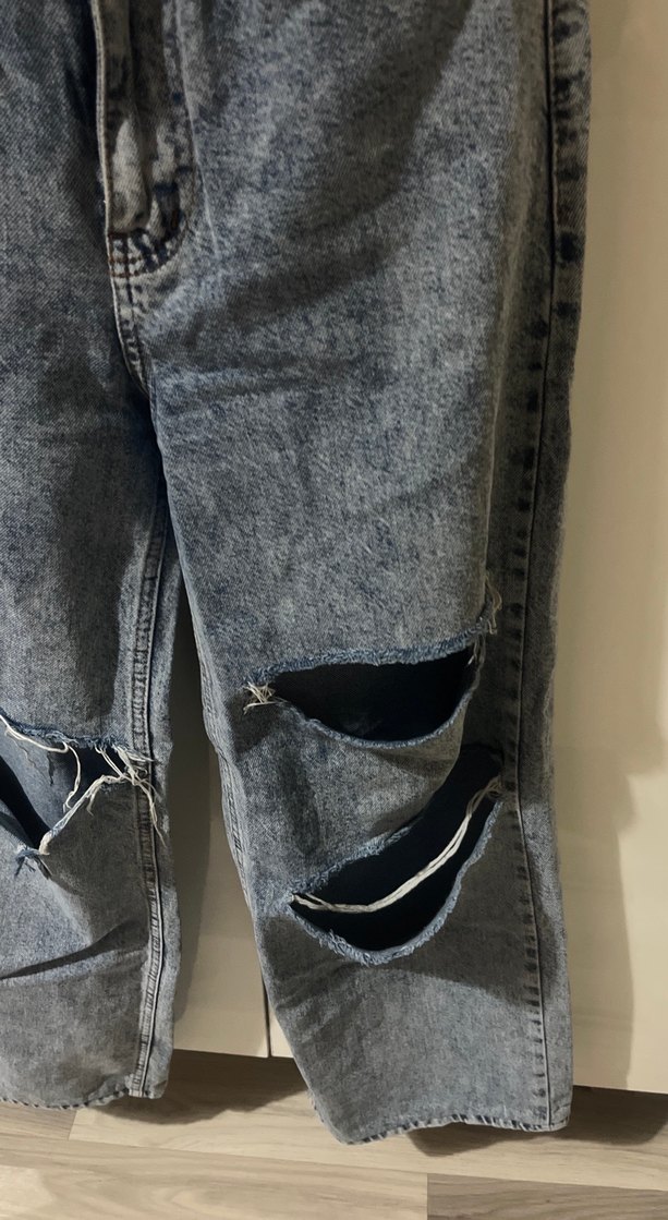 Kadın Gri Mavi Bol Kesim yırtık Kot Pantolon - Görsel 2