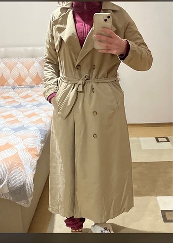 Bej Kuşaklı Uzun Kadın Trençkot - Görsel 4
