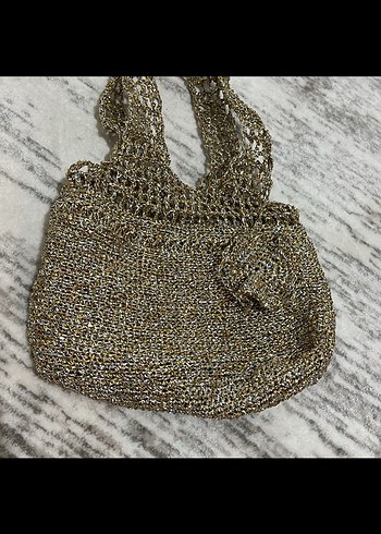 Altın ve gümüş metalik ipten  Örgü Çanta - Görsel 5