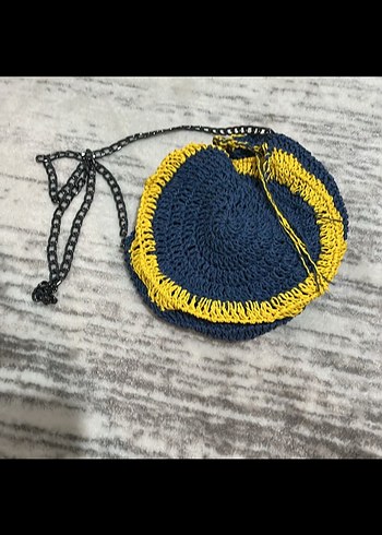 Zincir Detaylı Sarı Lacivert Örgü Çanta - Görsel 2