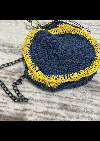 Zincir Detaylı Sarı Lacivert Örgü Çanta - Görsel 4