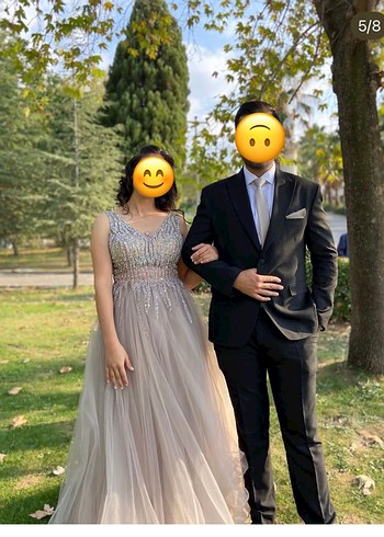 V Yaka Pullu Gri Midi Abiye Elbise - Görsel 2