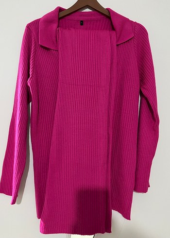 Düğmeli Pembe Kadın Triko Hırka takım - Görsel 2