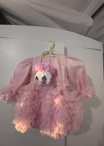 Uzun Kollu Pembe Kız Elbisesi - Görsel 3