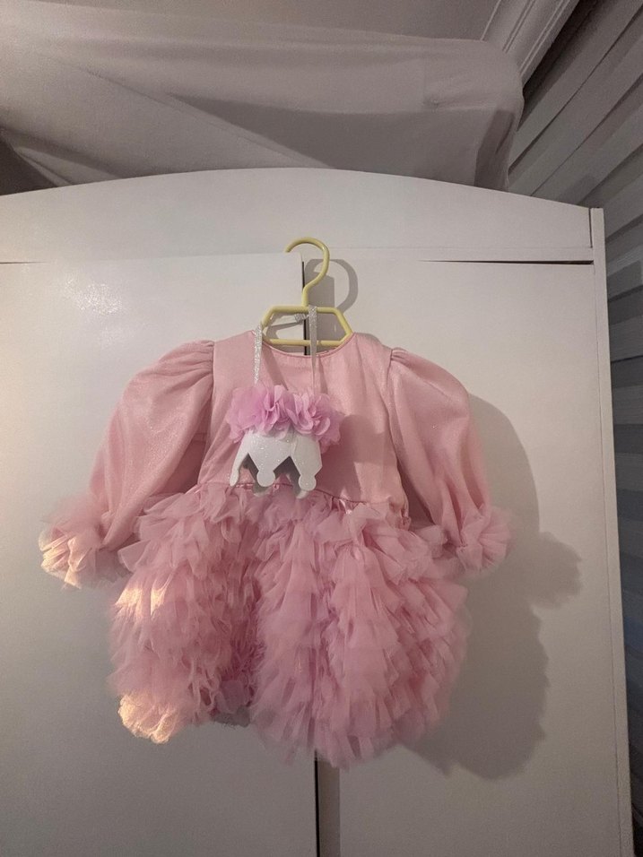 Uzun Kollu Pembe Kız Elbisesi - Görsel 2