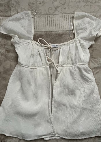 Kadın Beyaz Keten Bohem Mini Bluz - Görsel 3