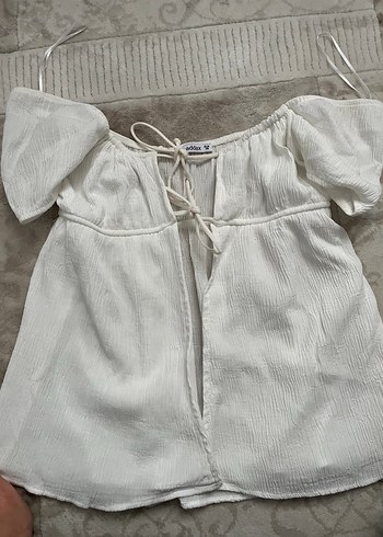 Kadın Beyaz Keten Bohem Mini Bluz - Görsel 2