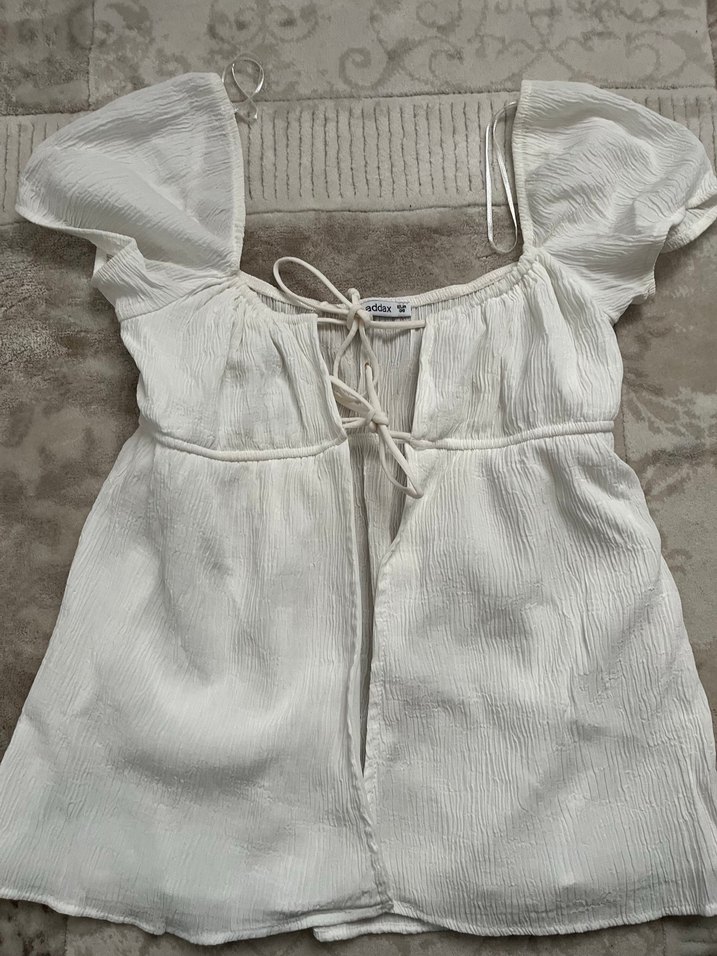 Kadın Beyaz Keten Bohem Mini Bluz - Görsel 3