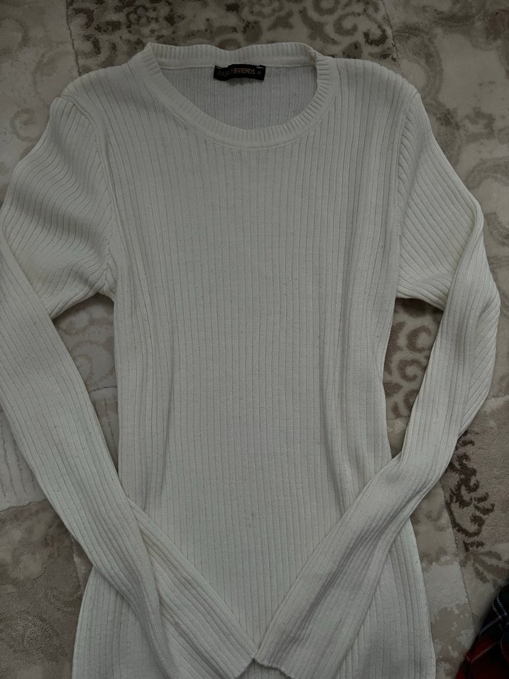 Beyaz Fitilli Uzun Kollu Triko Kazak - Görsel 2