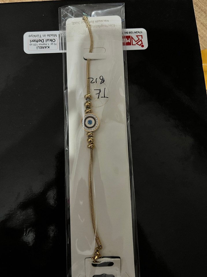 Zincir Detaylı Altın Renk Nazar Boncuğu Bileklik - Görsel 2