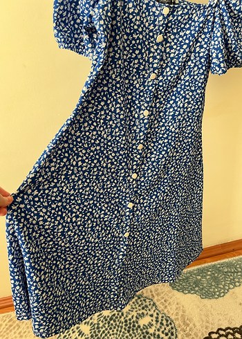 Beyaz Düğmeli Mavi Midi Elbise - Görsel 2