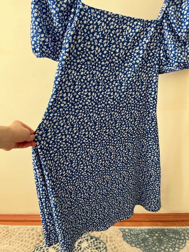 Beyaz Düğmeli Mavi Midi Elbise - Görsel 3