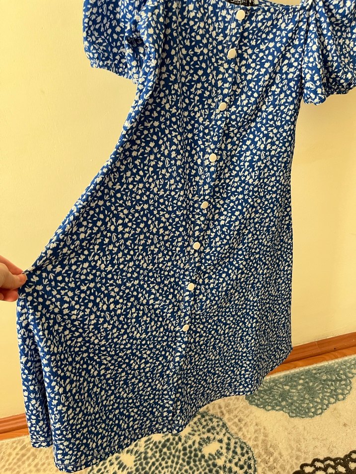 Beyaz Düğmeli Mavi Midi Elbise - Görsel 2