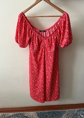 Kısa Kollu V Yakalı Kırmızı Mini Elbise - Görsel 3