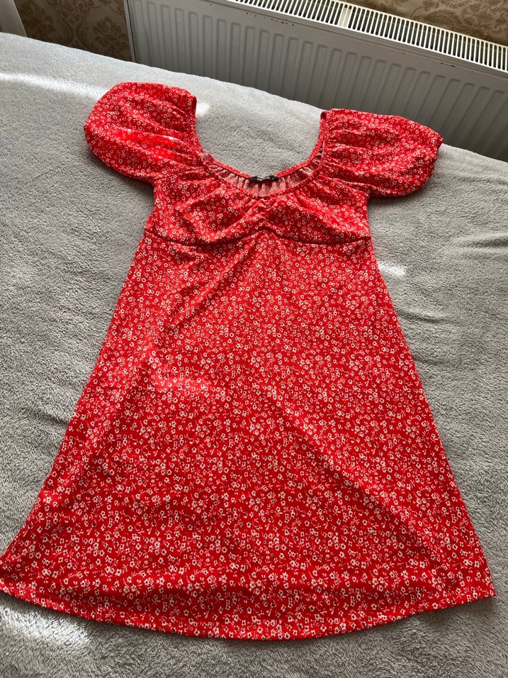 Kısa Kollu V Yakalı Kırmızı Mini Elbise - Görsel 2