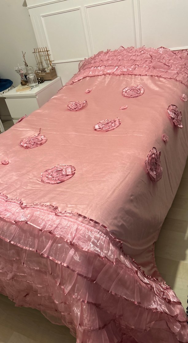Pembe İşlemeli Parlak Yatak Örtüsü çift kişilik - Görsel 3